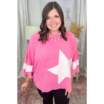 Pink Star Patched Colorblock Raw Edge Bracelet Sleeve Plus Size Loose Tee