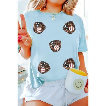 Light Blue Gopher Ball Sequin Patched Casual T Shirt