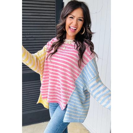 Multicolour Color Block Striped Patchwork Dolman Sleeve Slit Sweater