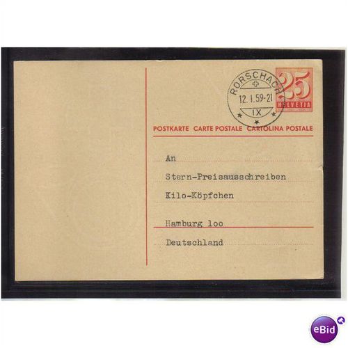1959 SWITZERLAND PREPAID POSTCARD 25C RORSCHBACH 12 PMK