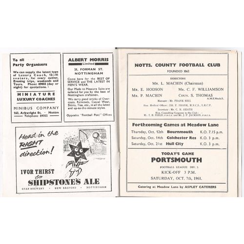 1961-62 NOTTS COUNTY v PORTSMOUTH Reasonably Good Condition - Neat Team Changes