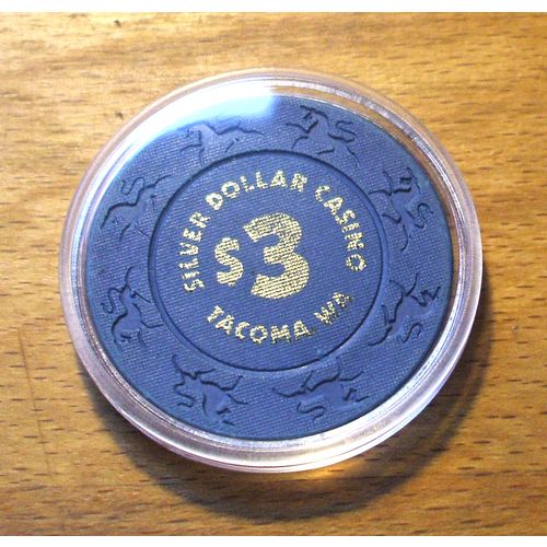Silver Dollar $3. Casino Chip - Tacoma, Washington - UNICORN Mold