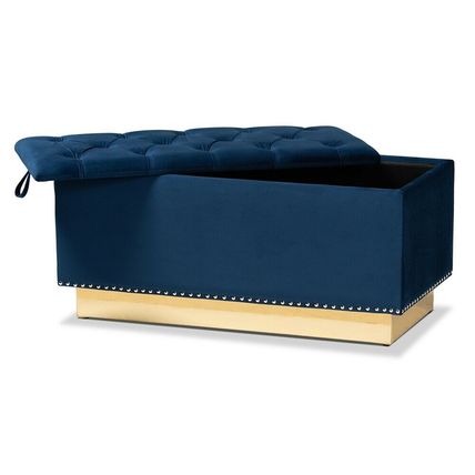 Luxe Storage Bench Ottoman Velvet Fabric Upholstered Silver Stud-Beige Gray Blue
