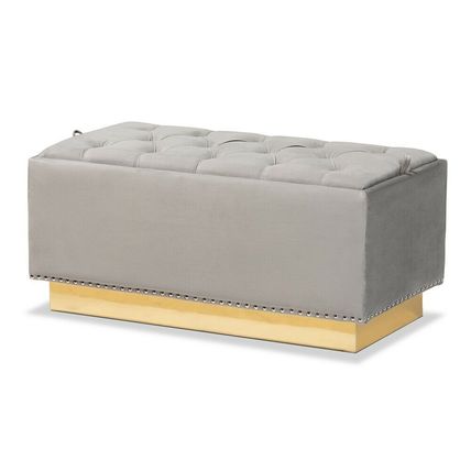Luxe Storage Bench Ottoman Velvet Fabric Upholstered Silver Stud-Beige Gray Blue