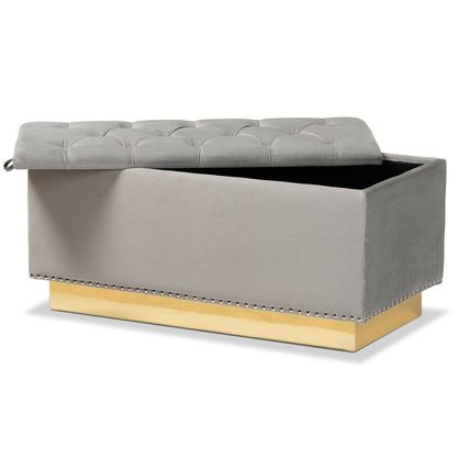 Luxe Storage Bench Ottoman Velvet Fabric Upholstered Silver Stud-Beige Gray Blue