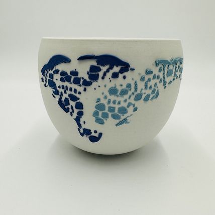 Danish Bowl Pottery Ceramic 1970s White Blue Collection Serveware