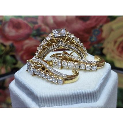 SET Ornate Deco Princess Ring & Earrings Made With Swarovski Zirconia Gold 925