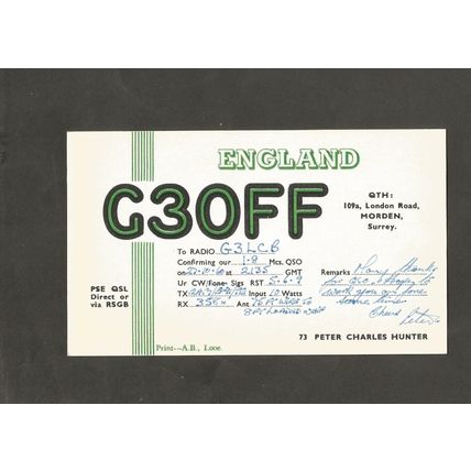 QSL Card G3OFF Peter Hunter 109A London Road Morden Surrey