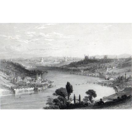CONSTANTINOPLE FROM THE HEIGHTS ABOVE EYOUB 1842 Henry Adlard ANTIQUE ENGRAVING