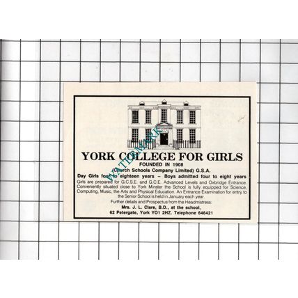 York College For Girls Advert Mrs J L Clare - 1988 SMALL Cutting