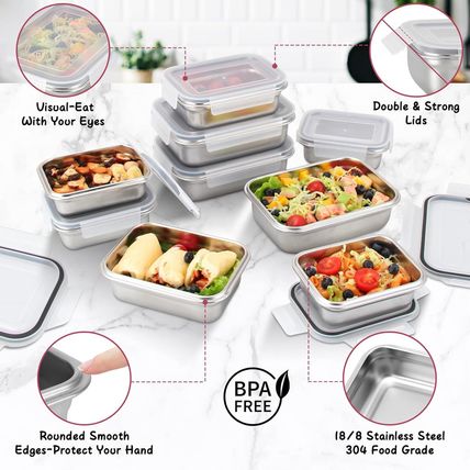 10 PC Square 304 Stainless Steel Food Containers with Lids, Airtight Bento Lunch