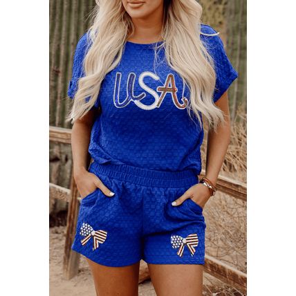 Sky Blue Sequined USA Bowknot Buttoned Back Textured Short Set