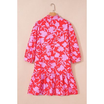 Red Floral Three Quarter Sleeves Ruffle Hem Mini Dress