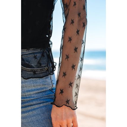 Black Star Print Mesh Sheer Slim Long Sleeve Top