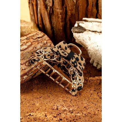 Camel Leopard Print Bow Decor Alloy Hair Claw Clip