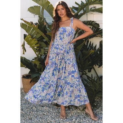 Sky Blue Floral Print Self-tie Straps Flowy Ruffle Long Dress