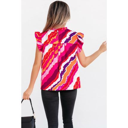 Rose Abstract Print Shirred Yoke Ruffled Blouse