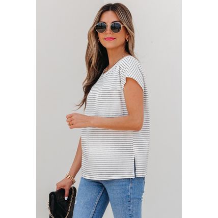 White Stripe Cap Sleeve Crew Neck Casual Tee with Chest Pocket