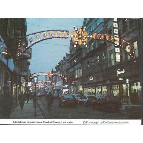 Leicester - Market Street Christmas decorations - local postcard c.1980s