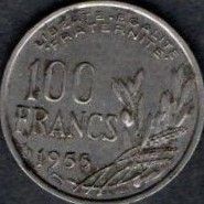 Coins. France 1955. 100 Francs Value