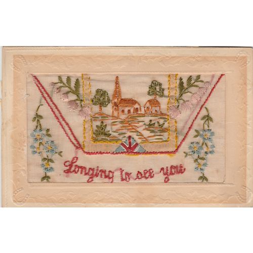 Longing To See You Showing Church & Flowers Silk Postcard (SIL717) See Condition