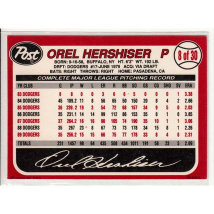 1990 Post Orel Hershiser baseball card #8