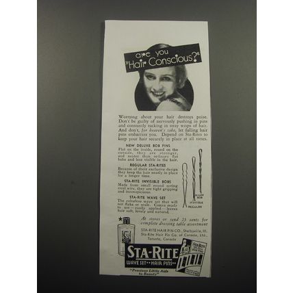 1933 Sta-Rite Wave Set and Hair Pins Ad - Are you hair conscious?