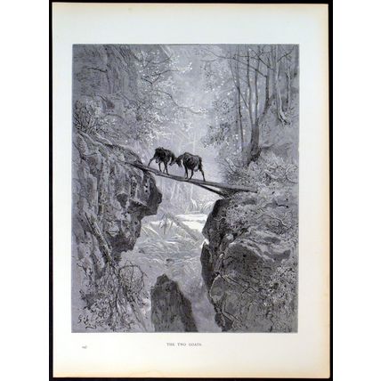 TWO GOATS 1885 Gustave Doré - Jean de La Fontaine - Ad Ligny ANTIQUE ENGRAVING