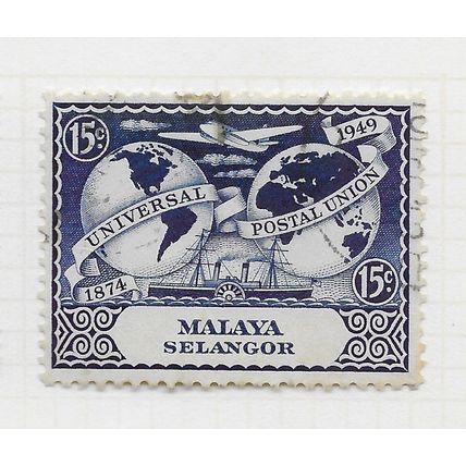 SELANGOR MALAYA 1949 UPU POSTAL UNION UNIVERSAL 15c USED SG112 112 SG