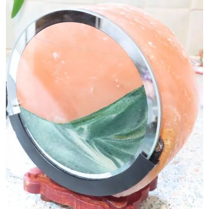 Himalayan Salt Lamp Round with Green Sand Decoration 17 CM Wooden Base Light