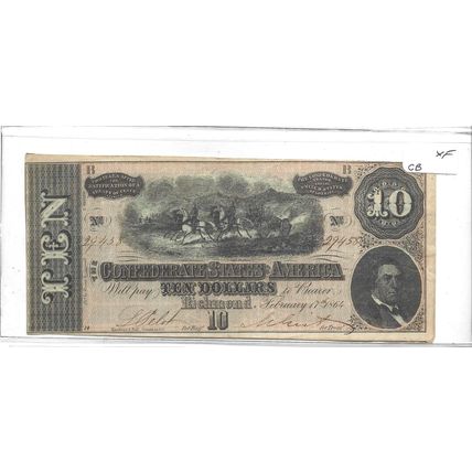 1864 US Confederate $10.00 Bill XF/AU