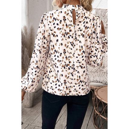 White Leopard Print Lantern Sleeve Mock Neck Pleated Blouse