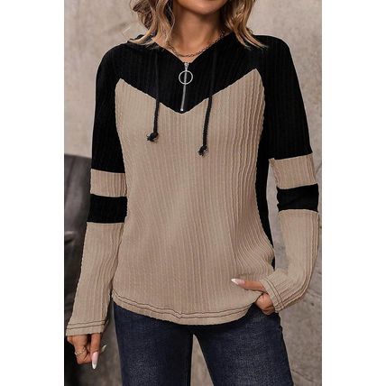 Parchment Textured Colorblock Long Sleeve Quarter Zip Drawstring Hooded Top