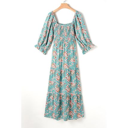 Green Plus Size Floral Print Square Neck Smocked Maxi Dress
