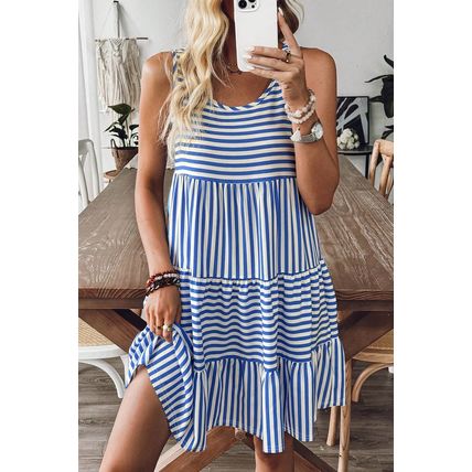 Sky Blue Stripe U Neck Sleeveless Loose Fit Mini Dress