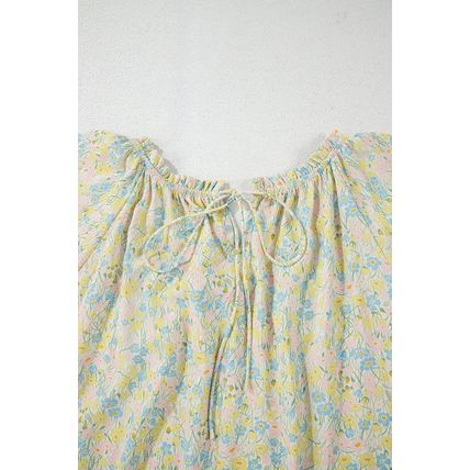 Green Floral Half Sleeve Frilled U Neck A-line Short Dress