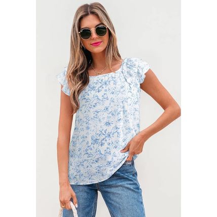 Sky Blue Floral Ruffled Short Sleeve Bow Back Square Neck Blouse
