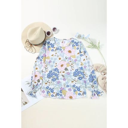 White Floral Print Sweet Lantern Long Sleeve Blouse