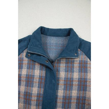 Gray Plaid Corduroy Patchwork Collared Zip Up Snap Button Jacket