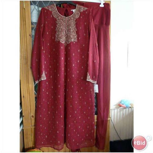 BURGUNDY CREPE INDIAN PAJAMI GOLD EMBROIDERY UK14 *BNWT
