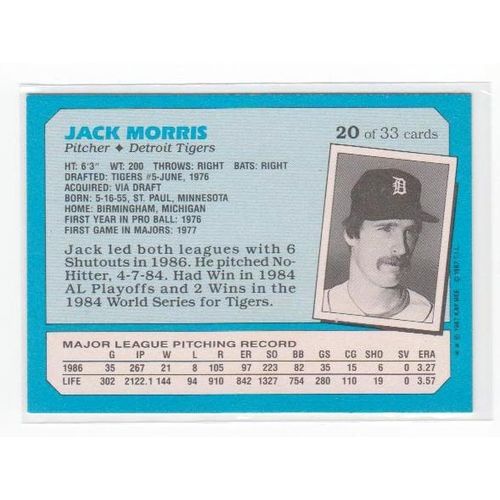 1987 Kay Bee Jack Morris baseball card #20 -NM- Tigers- Oddball