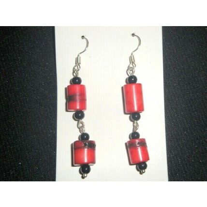 Unique noticeable pair red coral pillar with black finial long swing earrings