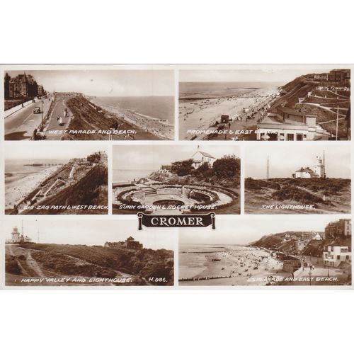 Vintage Sepia Postcard -Views of Cromer, Norfolk - Valentine's