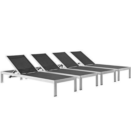 4 Outdoor Lounge Sun Chairs Black, White, Gray Textiline Mesh Brushed Aluminum