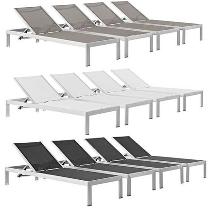4 Outdoor Lounge Sun Chairs Black, White, Gray Textiline Mesh Brushed Aluminum