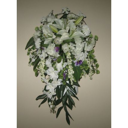 Handmade OOAK Silk Hanging Flower Arrangement, White Flowers, Violets & Greenery