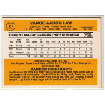 1983 Donruss baseball card 117 Vance Law