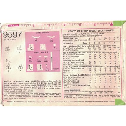 Simplicity 9597 Misses Shorts Size 10 Hip Huggers Waist 24 inch Sewing Pattern