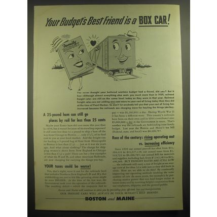 1945 Boston and Maine Railroad Ad - Your Budget's Best Friend is a Box Car