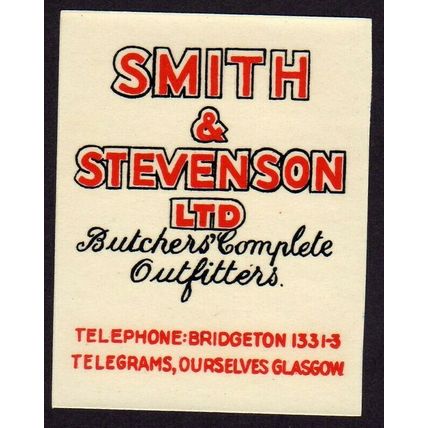 c1950s Smith & Stevenson Butchers Outfitters, Bridgeton waterslip label
